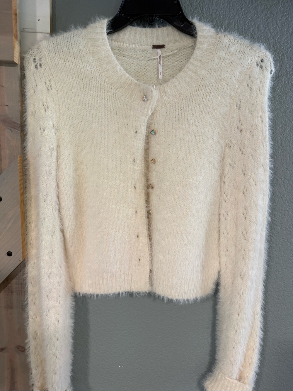 Free People Cream Fuzzy Button-Front Cardigan